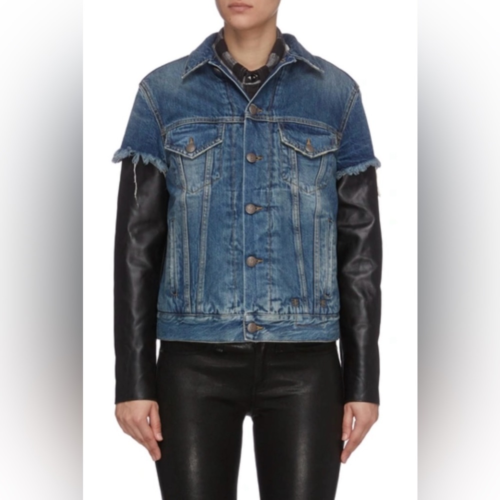 R13 Kelly Trucker Jean Jacket with Leather Sleeves. NWT. Size Small.